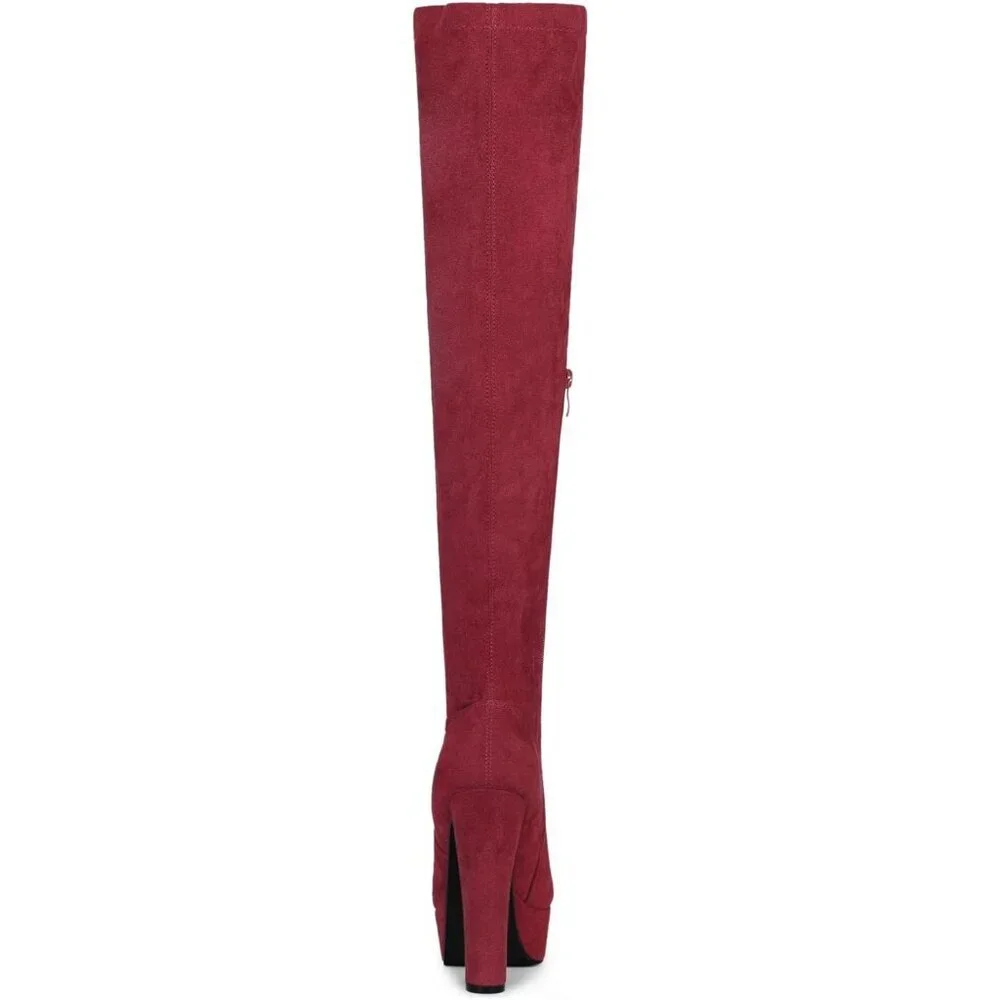 Women Burgundy Suede Chunky Heel Rounded Toe Over the Knee Thigh High Long Boots